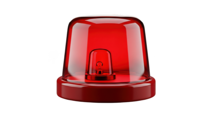 Bright red emergency warning light with a clear lens and internal bulb isolated on transparent background