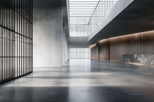 Modern, minimalist interior; concrete, wood, glass
