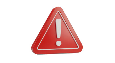 Red triangular warning sign with a white exclamation mark symbol indicating caution or danger isolated on transparent background