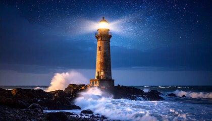 Illuminated lighthouse on rocky coast, waves crashing, starry night