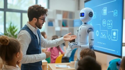 Robotics teacher showing interactive whiteboard to students with robot - Powered by Adobe