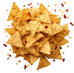 Delicious pile of spicy tortilla chips with scattered chili peppers and transparent background