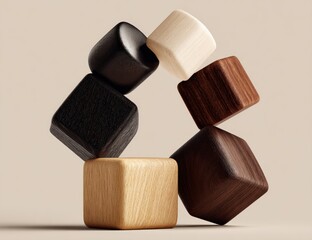 Stacked wooden cubes of varied natural tones form an open circle, seeming to defy gravity. Soft, neutral background creates subtle shadow interplay, emphasizing textures and balanced arrangement