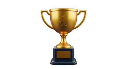 A gleaming golden trophy with two handles and a dark blue base featuring a blank plaque symbolizing victory and achievement isolated on transparent background
