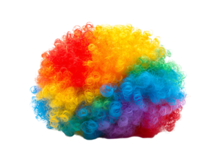 Curly rainbow colored clown wig with vibrant red yellow blue and green strands isolated on a transparent background
