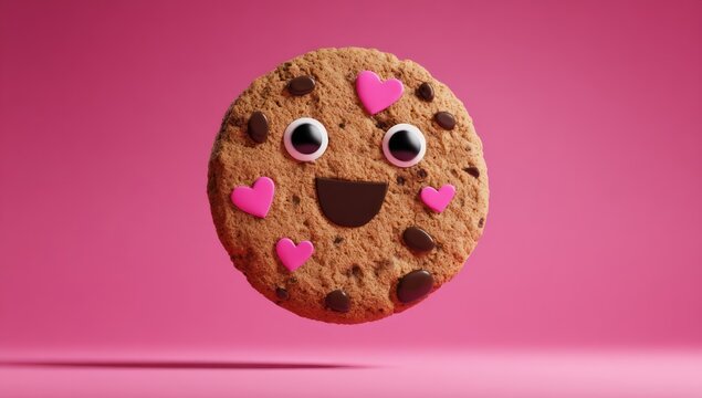 Cute cookie with a smiling face and pink hearts, hovering against a bright pink background