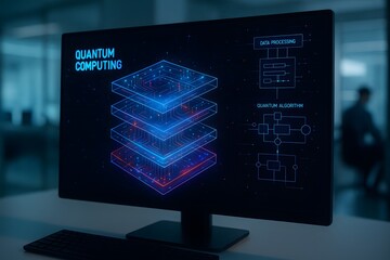 Computer screen showing digital diagram of quantum computing system with glowing data layers and algorithm chart for futuristic technology and advanced data processing