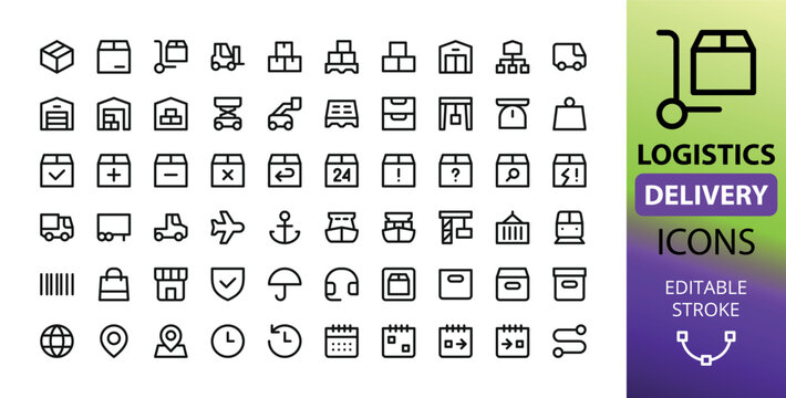 Logistics, delivery and warehouse line UI icons for web and app.