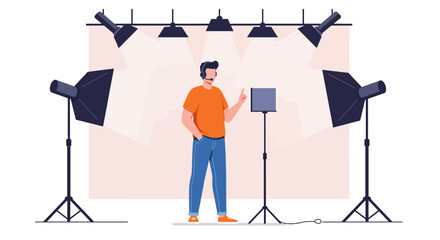 Vlogger in Studio: Man Recording Video with Professional Lighting Setup.