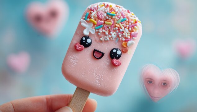 Pink popsicle with a smiling kawaii face and colorful sprinkles, held against a blurred blue background with heart shapes