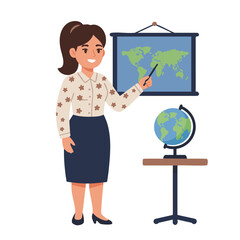 Fototapeta premium Female teacher pointing at classroom map with globe