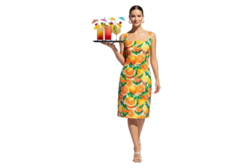 Smiling woman in a citrus print dress serving colorful cocktails on a tray