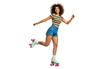Happy woman with curly hair roller skating with arms outstretched