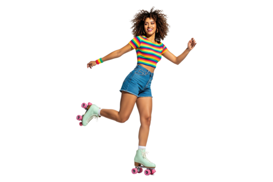 Happy woman with curly hair roller skating with arms outstretched