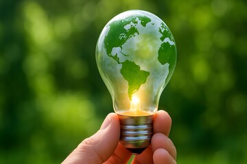 Hand holding glowing light bulb with green Earth map inside, concept of eco energy, sustainable innovation, global environment protection, clean energy, and green technology