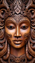 Intricate wooden carving of a serene female face, adorned with elaborate headdress and facial designs