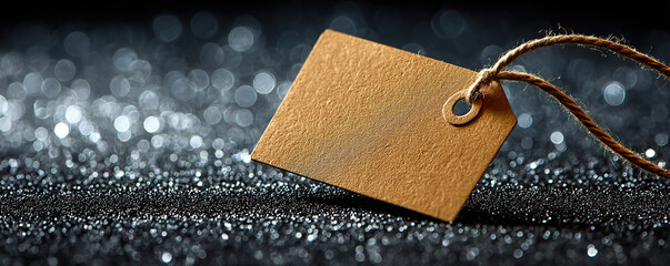 Blank kraft tag on shimmering black background for creative labeling or gift decoration ideas