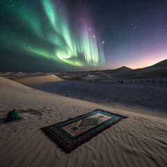 prayer mat floating in desert under aurora sky