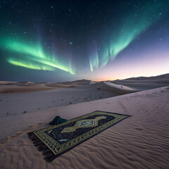 prayer mat floating in desert under aurora sky
