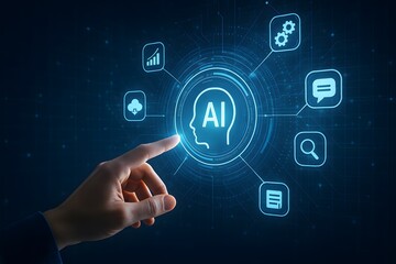 Hand touching digital interface with artificial intelligence symbol and futuristic technology icons on virtual screen