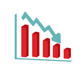 decreasing bar chart with downward arrow, vector illustration.
