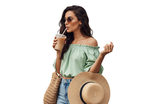 Stylish woman in sunglasses sipping iced coffee with straw hat and bag