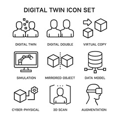 Digital twin simulation vector icons. Outline symbols. Line design