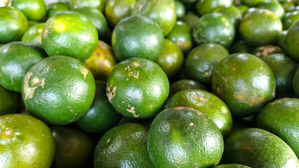 Close-up view of many green citrus fruits.