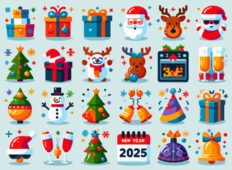Christmas & New Year Flat Icon Set Festive Holiday Vector Elements