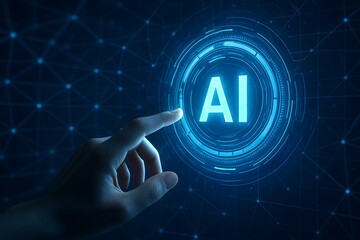 Hand touching glowing digital ai icon in futuristic user interface with circular data network on dark blue background