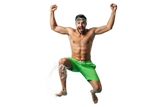 Excited man in swim shorts and goggles jumping with water splash - Powered by Adobe