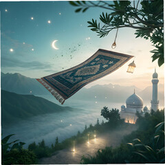 prayer rug flying like a magic carpet surreal w