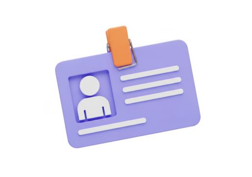 Modern 3d illustration of a purple identification card with a generic person icon and lines for text clipped by an orange holder isolated on transparent background