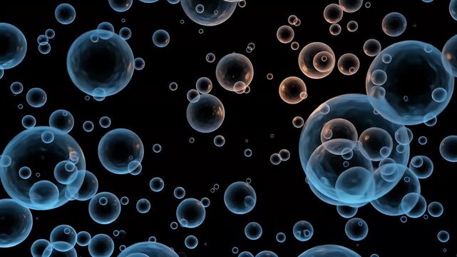 Transparent blue and orange bubbles float on a black background