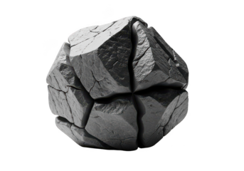 Close up of a rough textured dark gray geode crystal formation with sharp facets and cracks isolated on transparent background