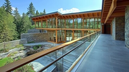 Fototapeta premium Modern house blends seamlessly with nature, featuring wooden beams, stone, & extensive glass. Elegant design showcases the outdoor surroundings