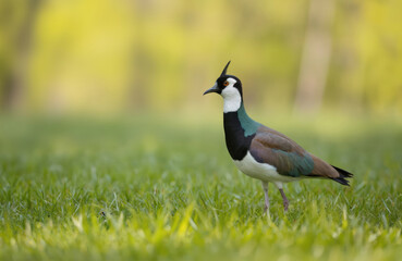 Fototapeta premium Bird stands tall with black head, tail. Wings slightly spread. Green, blue feathers. Green grass under feet. Tranquil, abundant landscape with trees, shrubs in background. Nature scenery with birds,