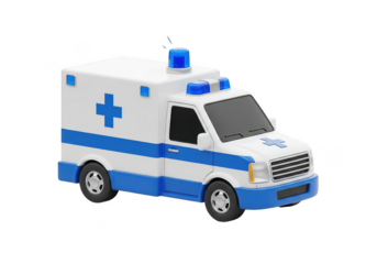 A white and blue ambulance emergency medical vehicle with flashing lights and a blue cross symbol isolated on transparent background