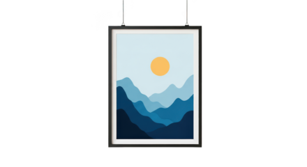 Stylized abstract mountain landscape with a bright sun in a clear sky presented as a digital artwork isolated on transparent background