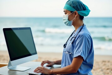 Medical professional in scrubs and mask working remotely on a beach with a computer screen.