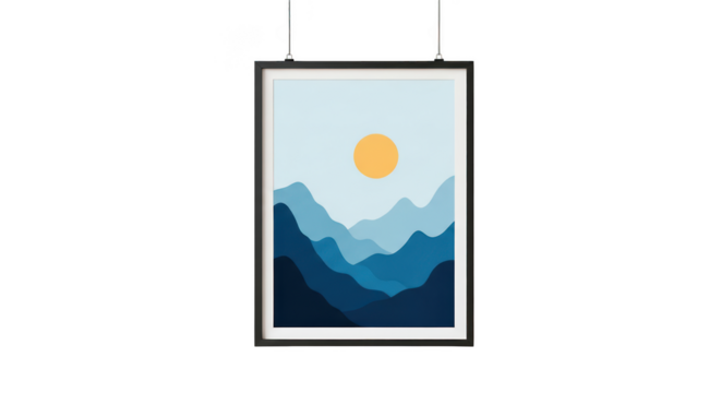 Stylized abstract mountain landscape with a bright sun in a clear sky presented as a digital artwork isolated on transparent background