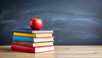 Stacked Books and Apple: Education Concept with Colorful Textbooks and Fruit.