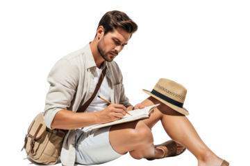 Man sitting on ground and sketching in a notebook with a pencil