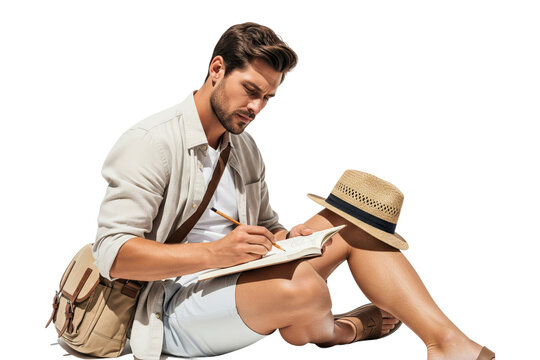 Man sitting on ground and sketching in a notebook with a pencil - Powered by Adobe