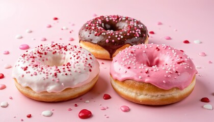 Three donuts stand out on vibrant pink background. Donut unique color, flavor. Glossy finish on top donuts, possibly chocolate, caramel flavors. Bottom donut glossy finish, possibly pink with white