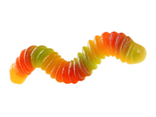 Gummy worm candy with vibrant orange red and green colors in a wavy shape isolated on a transparent background