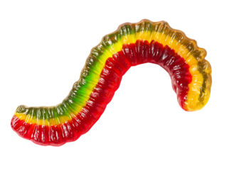 Gummy worm candy with red green and yellow stripes curved shape isolated on a transparent background