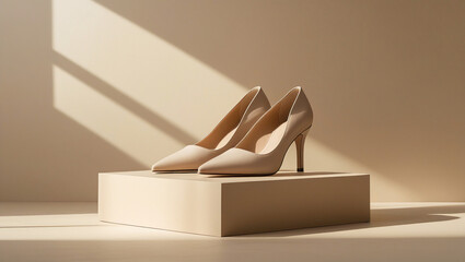 Top view of beige stiletto high heels on a podium with soft shadow. Perfect for luxury fashion advertising and shoe brand campaigns.