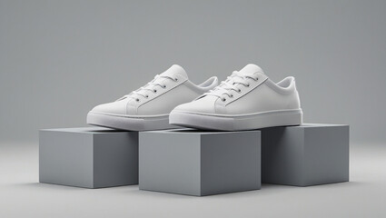 Minimalist sneaker display with clean white shoes and neutral background, perfect for fashion branding, e-commerce visuals, and product showcases.