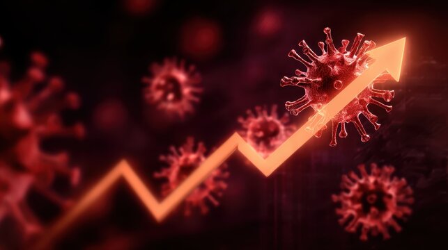 Upward orange arrow traversing viral cell, symbolizing rising infection rates during pandemic, blurred virus particles populating background landscape